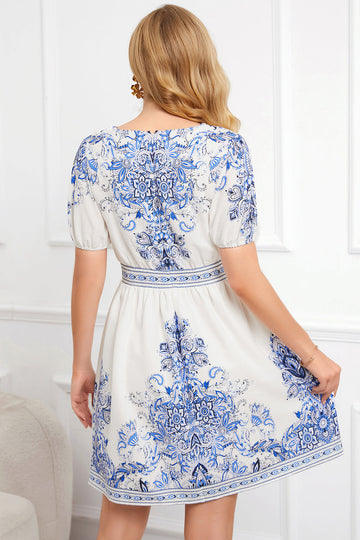 Vestido de verano con cuello V blanco estampado con mangas cortas